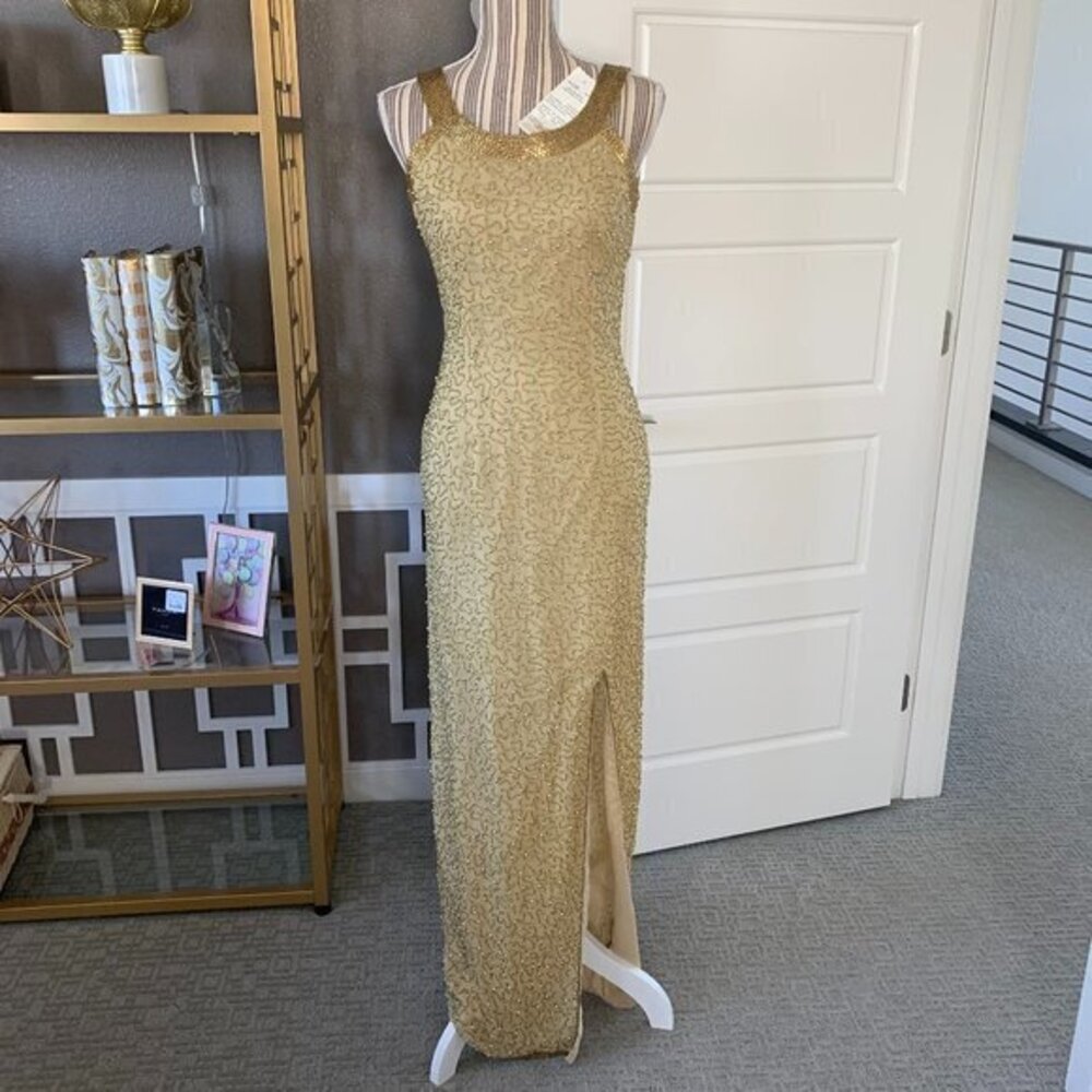 Vintage Laurence Kazar Gold Beaded Silk Dress